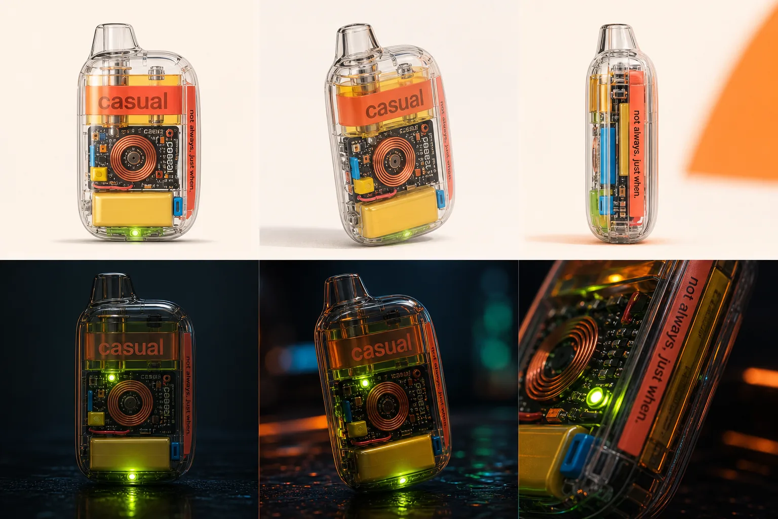 Clear Casual vape prototype shown from front, three-quarter, and side angles