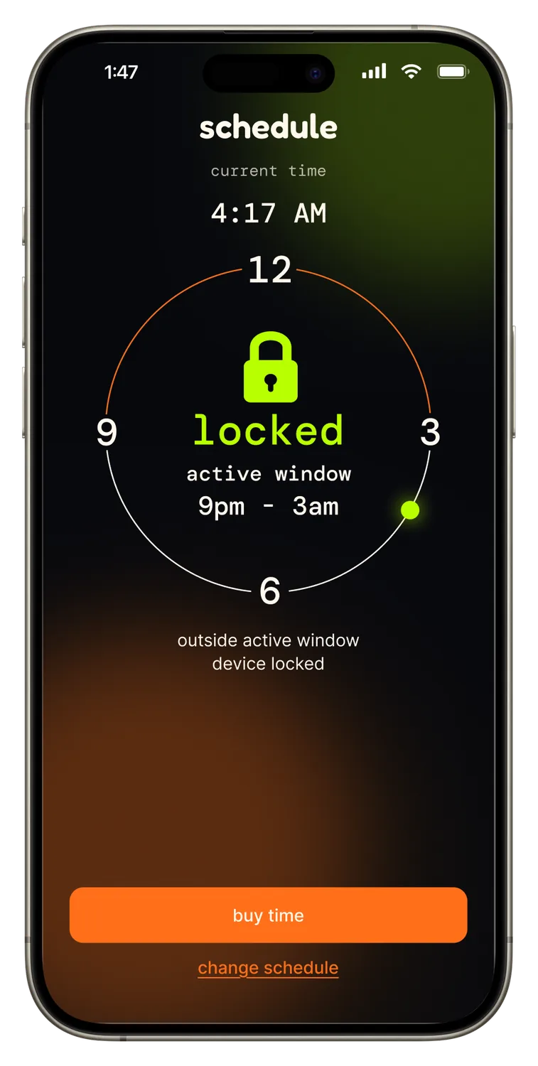 Phone screen showing Casual locked outside the active 9pm to 3am window at 4:17 AM