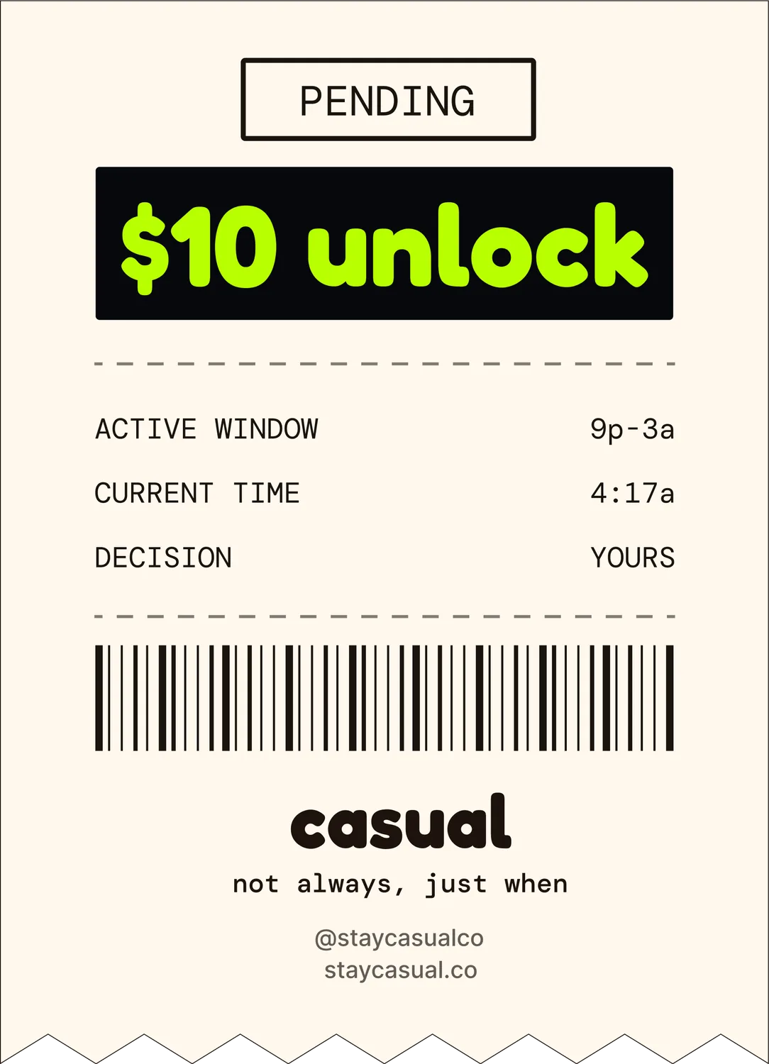 $20 unlock approved receipt showing active window, current time, and decision