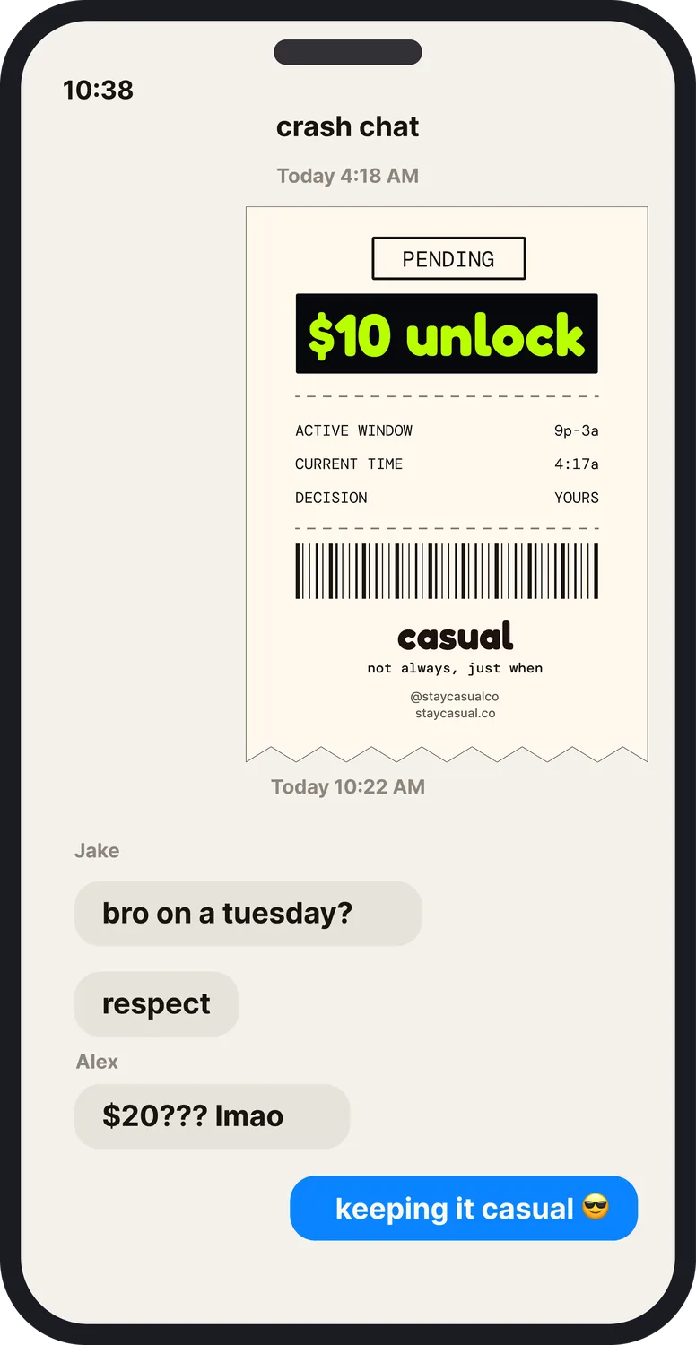 iMessage thread where friends react to a $20 Casual unlock receipt