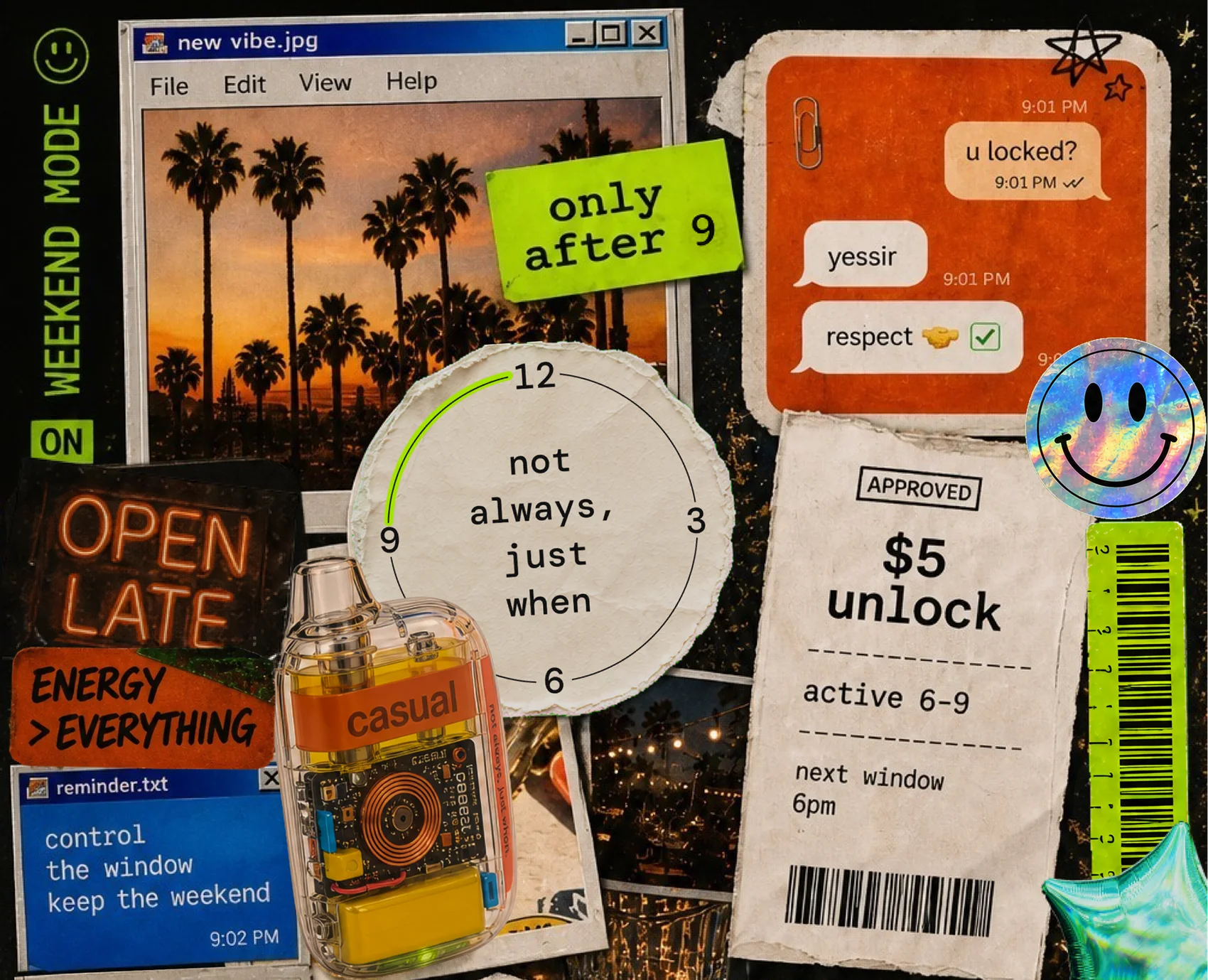 Casual weekend-mode collage: schedule clock, $5 unlock receipt, locked-window texts, and the clear device