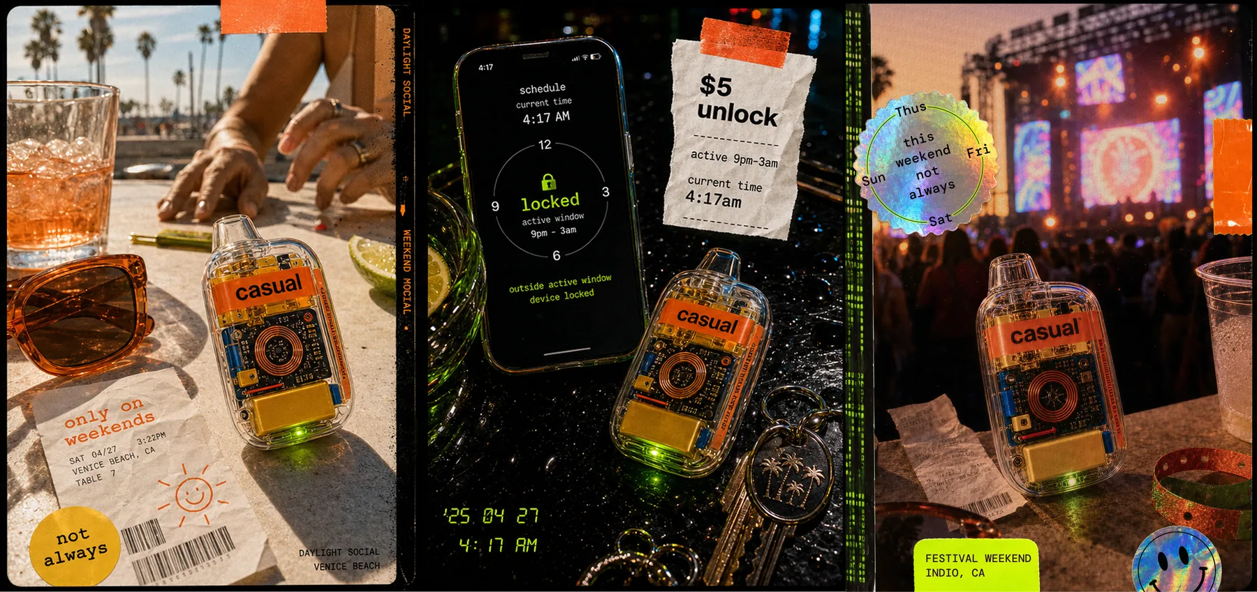 Casual triptych showing weekend, late-night, and show or festival moments